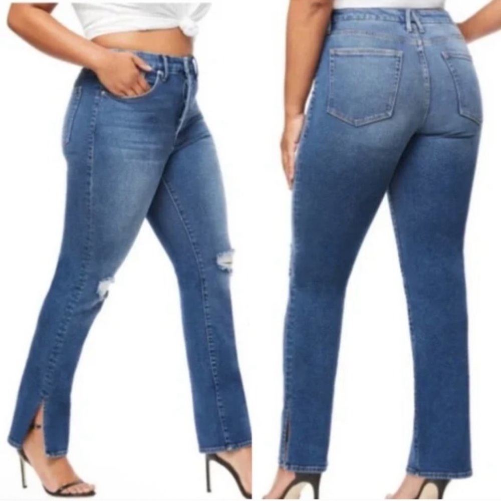 Good American High Rise Distressed Jeans in Blue